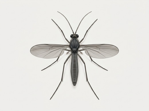 Trauermücke (Sciaridae) von oben, schlank und dunkelgrau mit langen Beinen und Fühlern