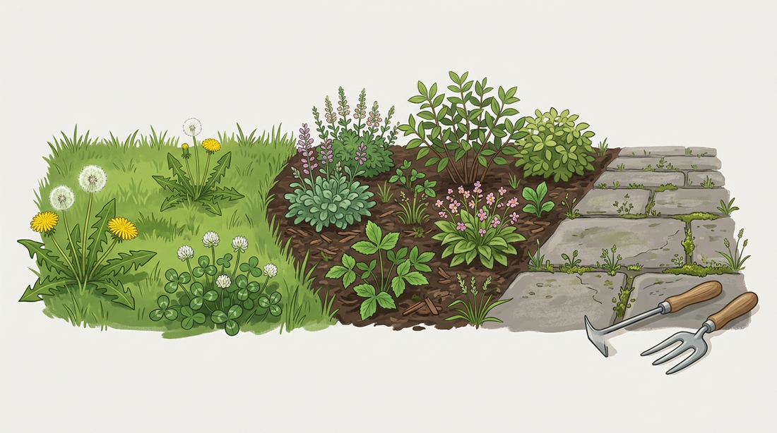 Garten mit drei Bereichen: Rasen mit Löwenzahn und Klee, Beet mit Zierpflanzen und Giersch, Pflasterweg mit Unkraut in den Fugen, daneben Fugenkratzer und Handgabel