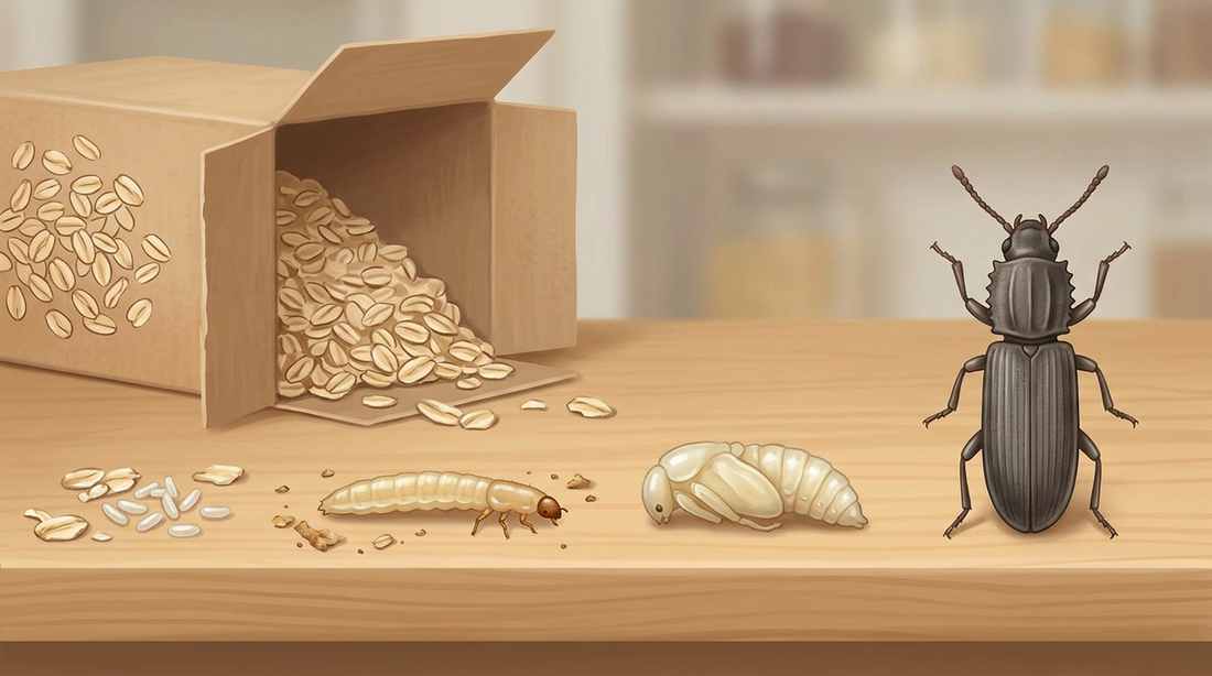 Entwicklung des Getreideplattkäfers: weiße Eier, schlanke gelbliche Larve, helle Puppe und flacher graubrauner Käfer mit gezähntem Halsschild neben einer Packung Haferflocken