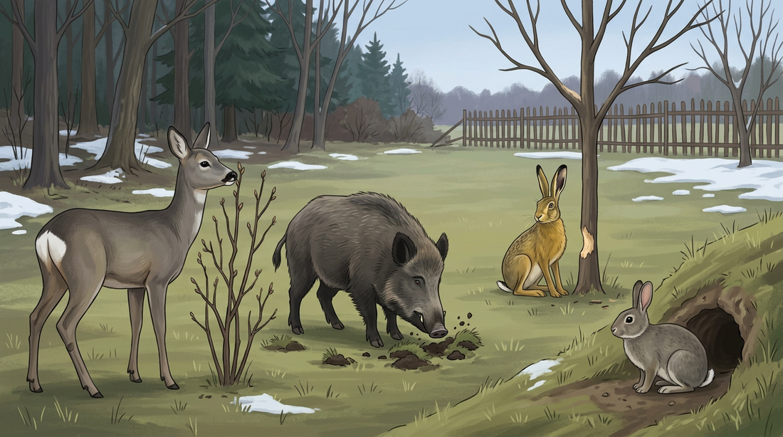 Garten am Waldrand in der Dämmerung: ein Reh knabbert an einem jungen Strauch, ein Wildschwein wühlt den Rasen auf, ein Feldhase sitzt neben einem jungen Obstbaum und ein Wildkaninchen vor seinem Bau