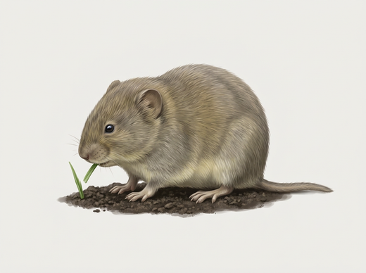 Feldmaus mit gelblich-graubraunem Fell, kleinen Ohren und kurzem Schwanz frisst an einem Grashalm