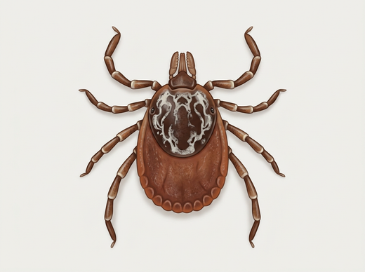 Auwaldzecke (Dermacentor reticulatus) von oben mit marmoriertem Rückenschild