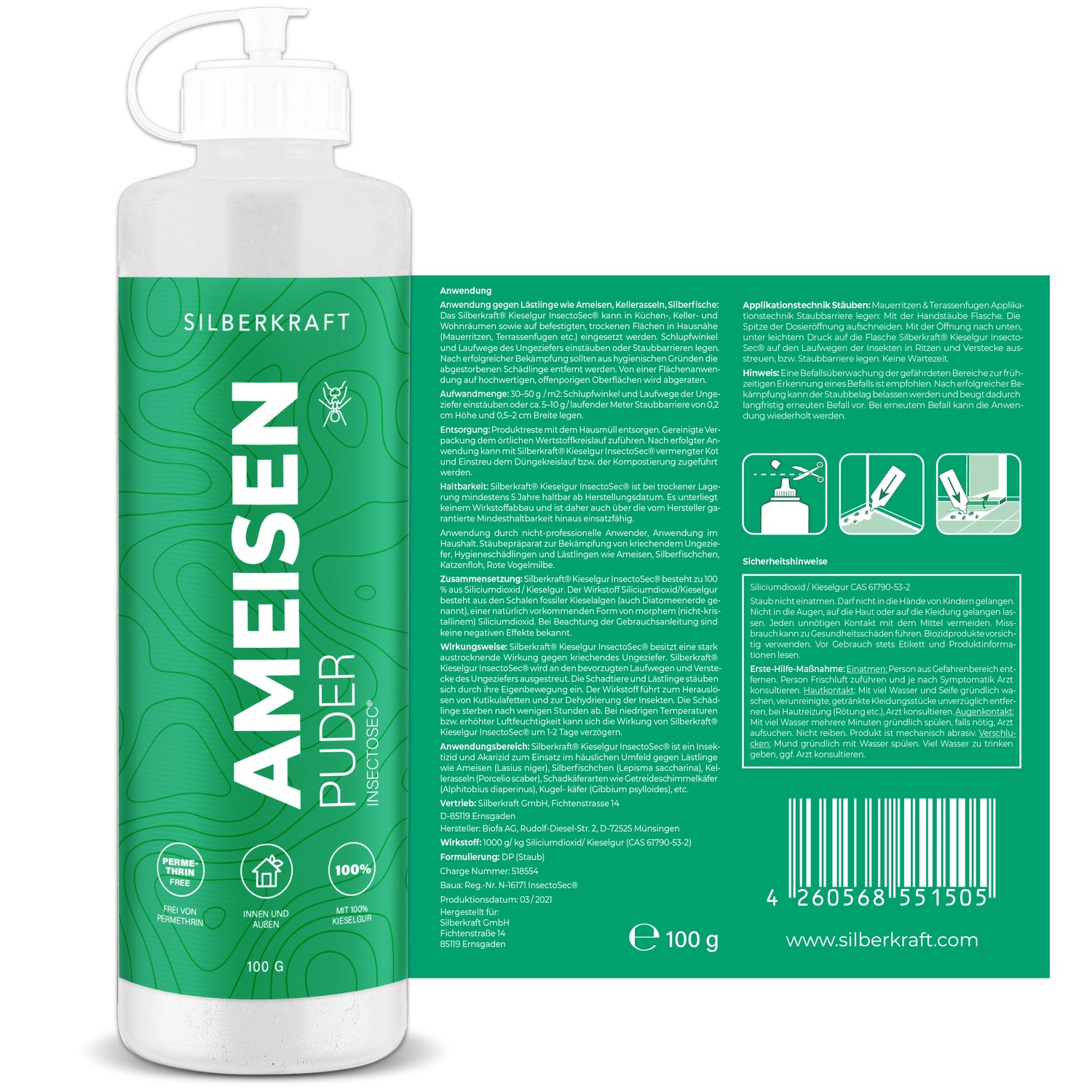 Ameisen-frei Pulver – Ameisenmittel für Innen & Außen – 100% Kieselgur – Alternative zu Ameisenköder und Ameisenspray - Silberkraft