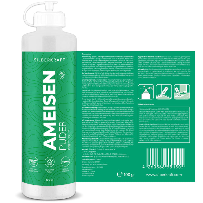 Ameisen-frei Pulver – Ameisenmittel für Innen & Außen – 100% Kieselgur – Alternative zu Ameisenköder und Ameisenspray - Silberkraft