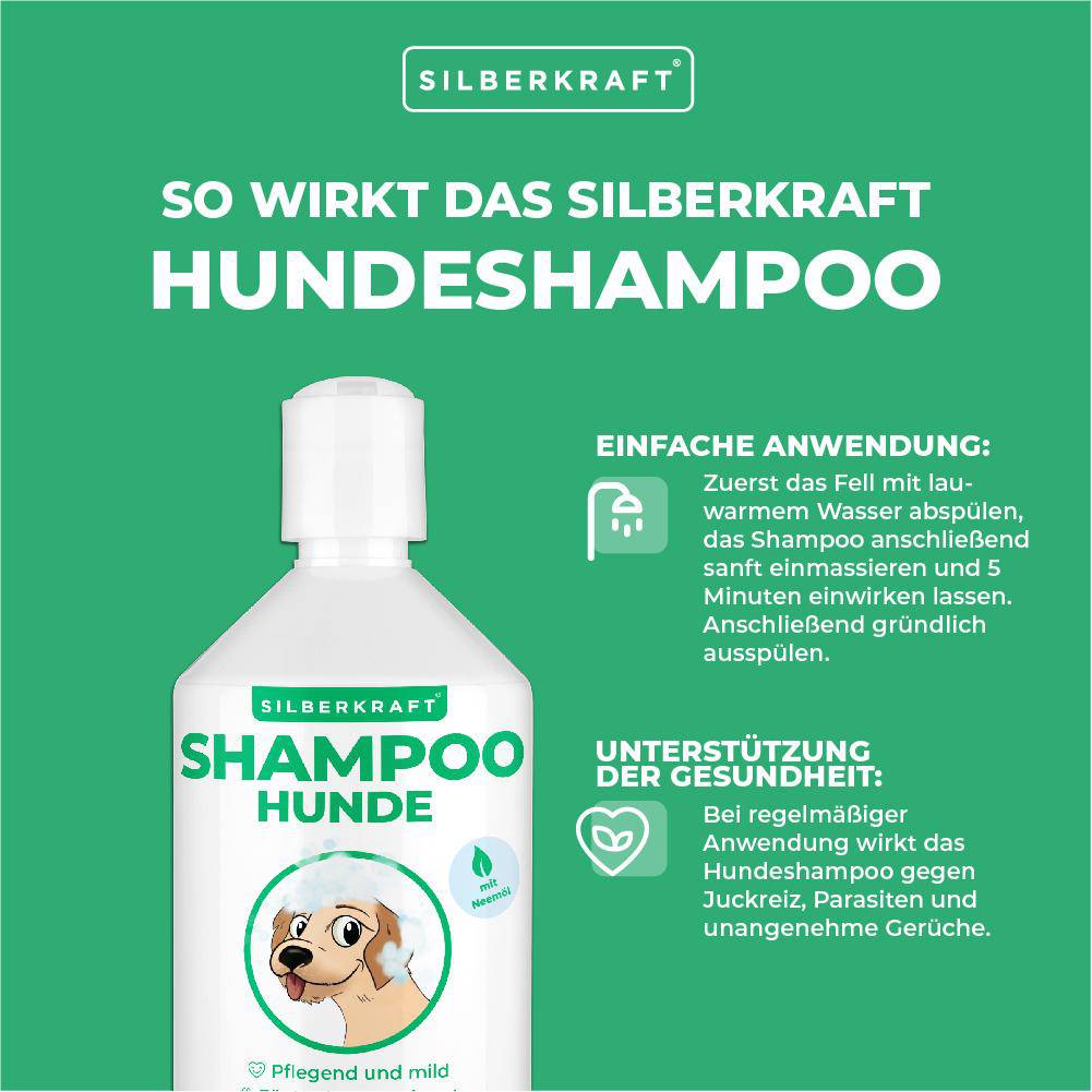 Neemöl Hundeshampoo Hunde & Welpen - Pflegeprodukt sensitiv Shampoo gegen Juckreiz und Geruch, Shampoo Hunde für gepflegtes Fell - Silberkraft