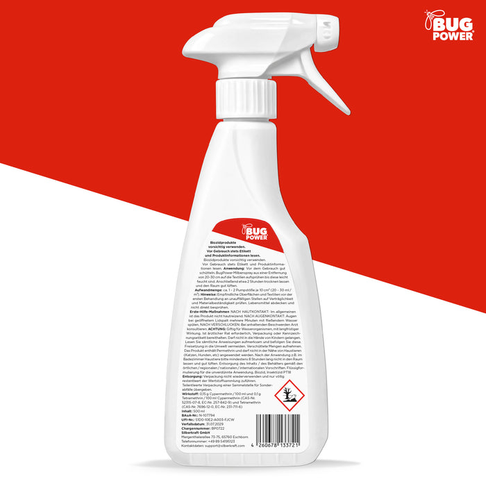BugPower Milben Spray für Textilien 500 ml- hinterlässt keine Flecken - Silberkraft