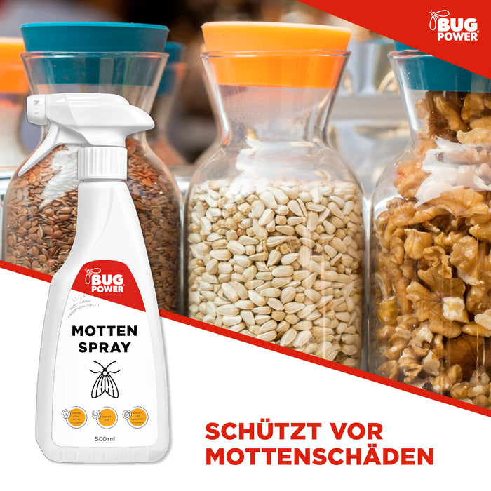BugPower Mottenspray gegen Kleider- & Lebensmittelmotten - mit Knock-down-Effekt - Silberkraft